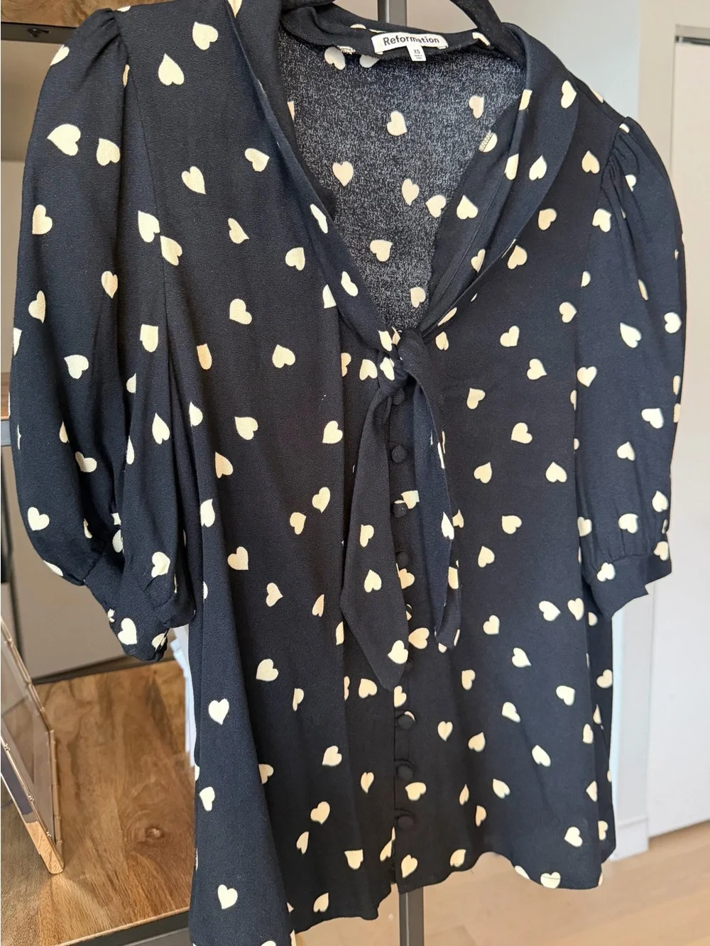 Reformation Black Heart-Print Tie-Neck Blouse